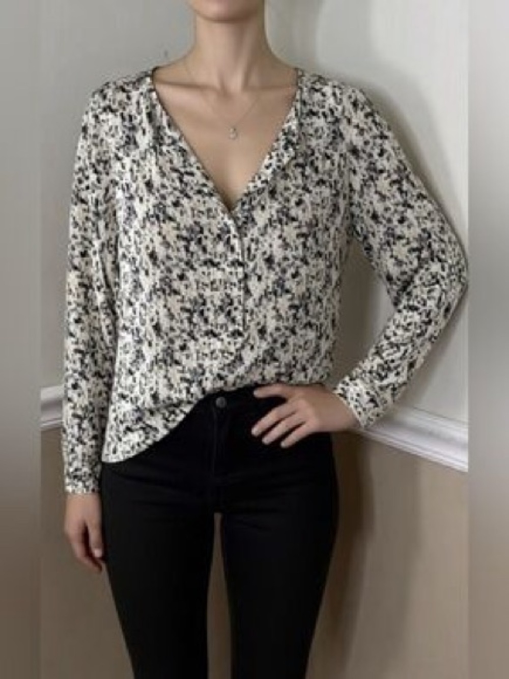 CAbi Cream Tan Black Grey Geometric Shatter Pullover Semi-Sheer Blouse